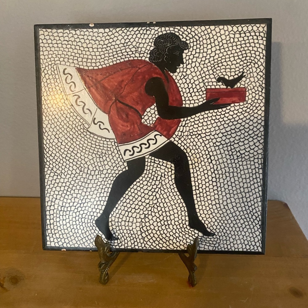 Vintage Marazzi Italian ceramic art tile depicting Roman revelers. MCM